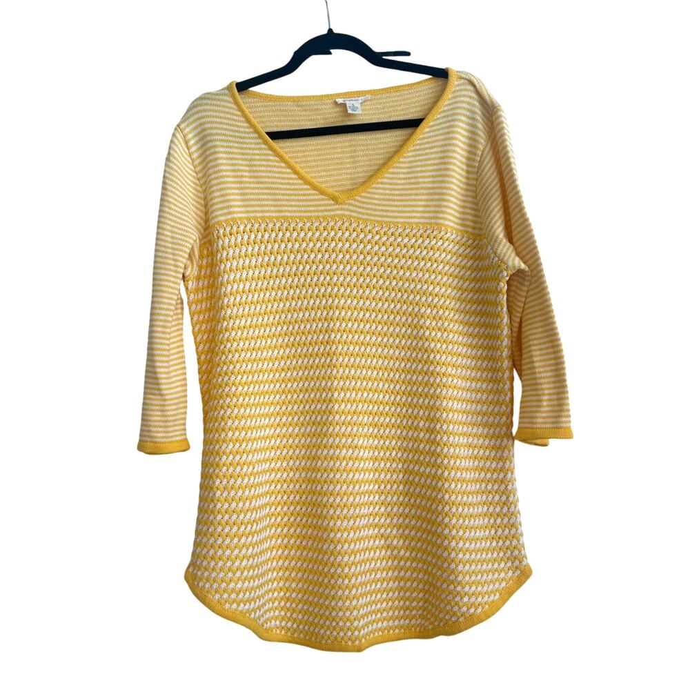Westbound Yellow and White Stripe, Crochet Knit Elbow Length Sleeve Top